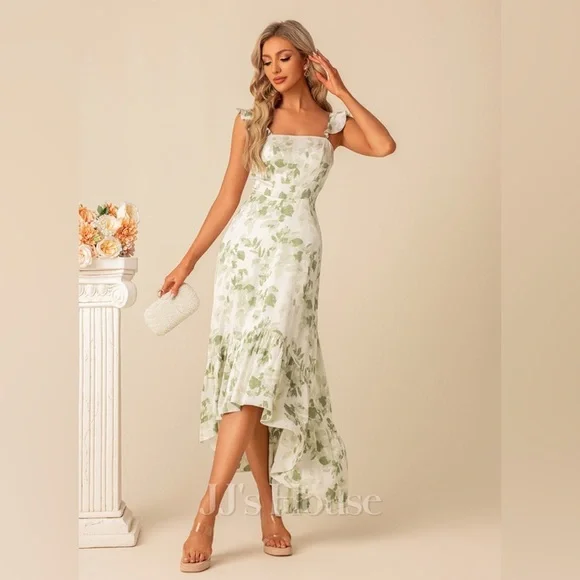 New JJs house Square Asymmetrical Satin Bridesmaid Dress Ruffle green floral - Picture 3 of 6